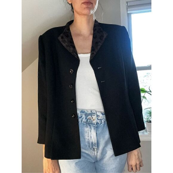 Womens Suit Jacket Blazer Black Pockets Leopard Trim Collar - Picture 2 of 7